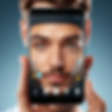 User Engagement with Face-Merging Technology A user interacting with a face-merging application on a smartphone