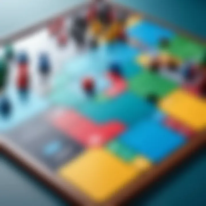 A strategic board game setup with colorful pieces