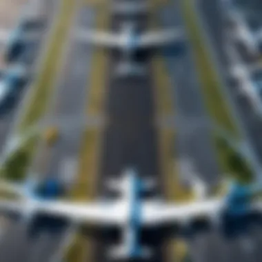 Aerial view of an airport with planes taking off