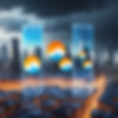Cityscape with Weather Indicators A cityscape with weather icons indicating temperature changes
