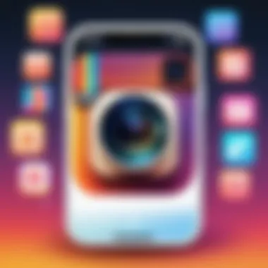 Colorful graphic showcasing various features of Instagram maker apps