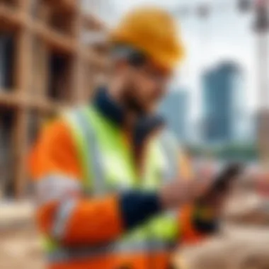 Construction professional using a measuring app on a job site