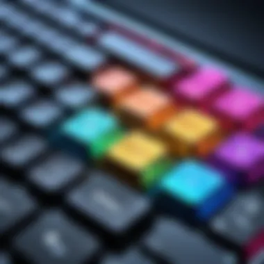 Close-up view of an Adobe shortcut keyboard cover showcasing colorful function keys