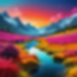 Vibrant color splash effect showcasing a serene landscape