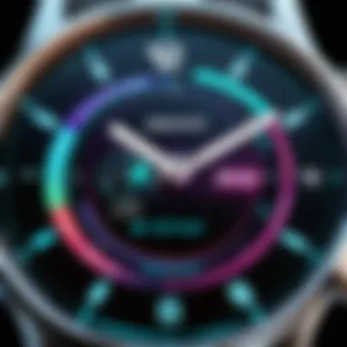 Health Monitoring Features on a Watch Face Close-up of a vibrant watch face showcasing health monitoring features