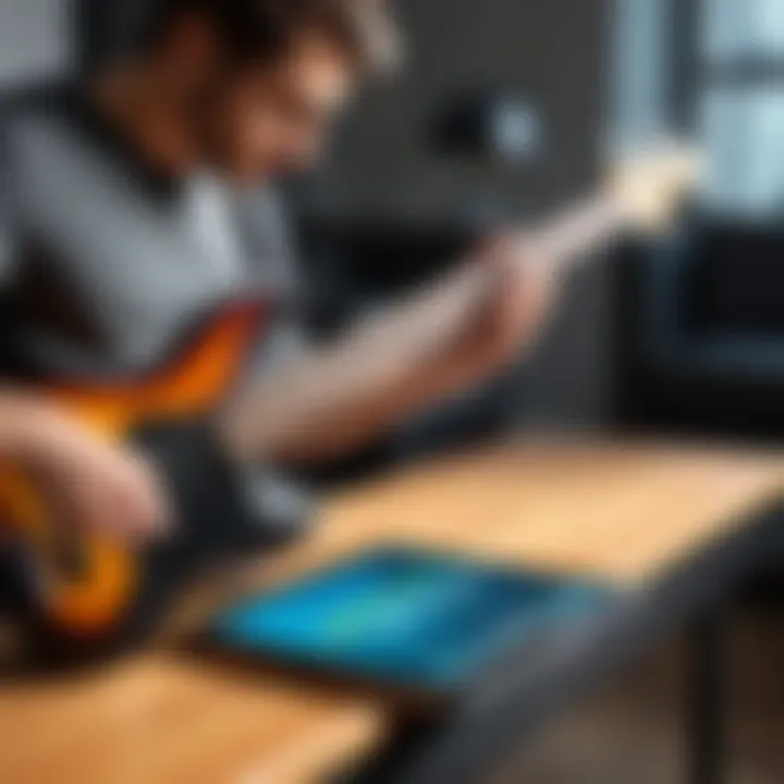 A musician practicing bass guitar with an app on a tablet