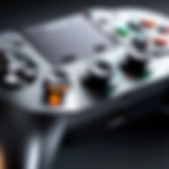 A close-up of a controller in an action-packed gaming scenario