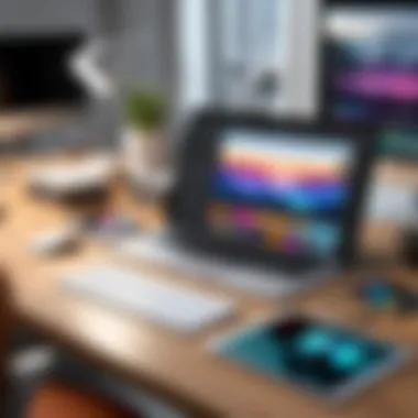 Creative Workspace with iOS Music Apps A creative workspace featuring an iOS device with music production apps open.