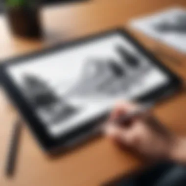 An artist using a stylus on a tablet for digital sketching