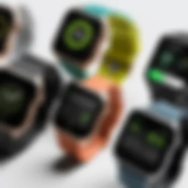 Smart watches lined up showcasing various models