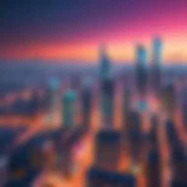 Urban skyline at dusk, illustrating dynamic colors and sharpness.