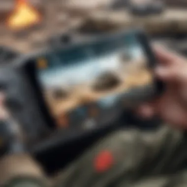 Illustration of a mobile gaming interface in a warzone setting