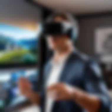 Exploring Virtual Real Estate with VR A person interacting with a virtual reality headset, exploring virtual real estate.