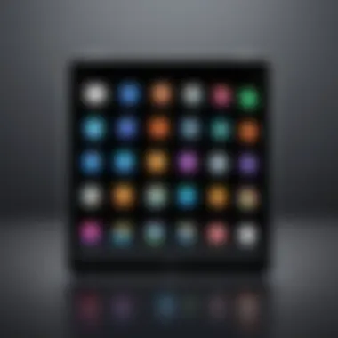 Tablet with app store icons and features