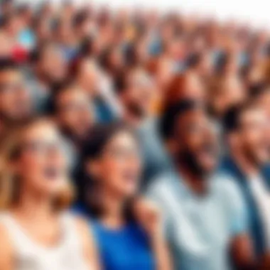 A diverse audience reacting with laughter while watching a video filled with comedic segments.