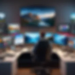 A vibrant scene depicting a video editor's workspace filled with editing software and humorous clips.