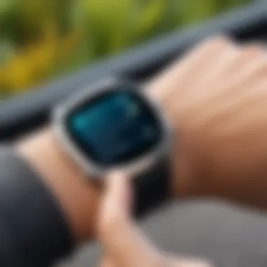 User interacting with a texting watch outdoors