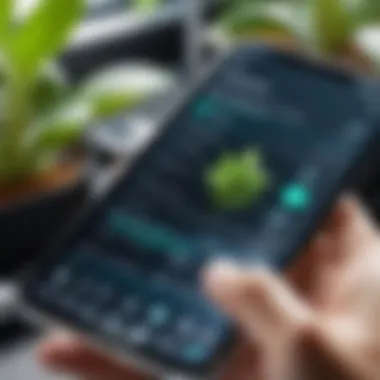 Smartphone in Action: Plant Scanning Technology A close-up of a smartphone displaying a plant scanning app in action, showcasing how technology integrates with nature.
