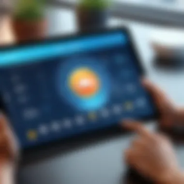 User Interaction with Weather Application User interacting with a weather application on a tablet